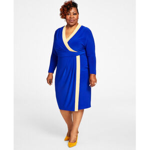Kasper Surplice V-Neck Long Sleeve Dress Royal Blue Gold Plus Size 2X